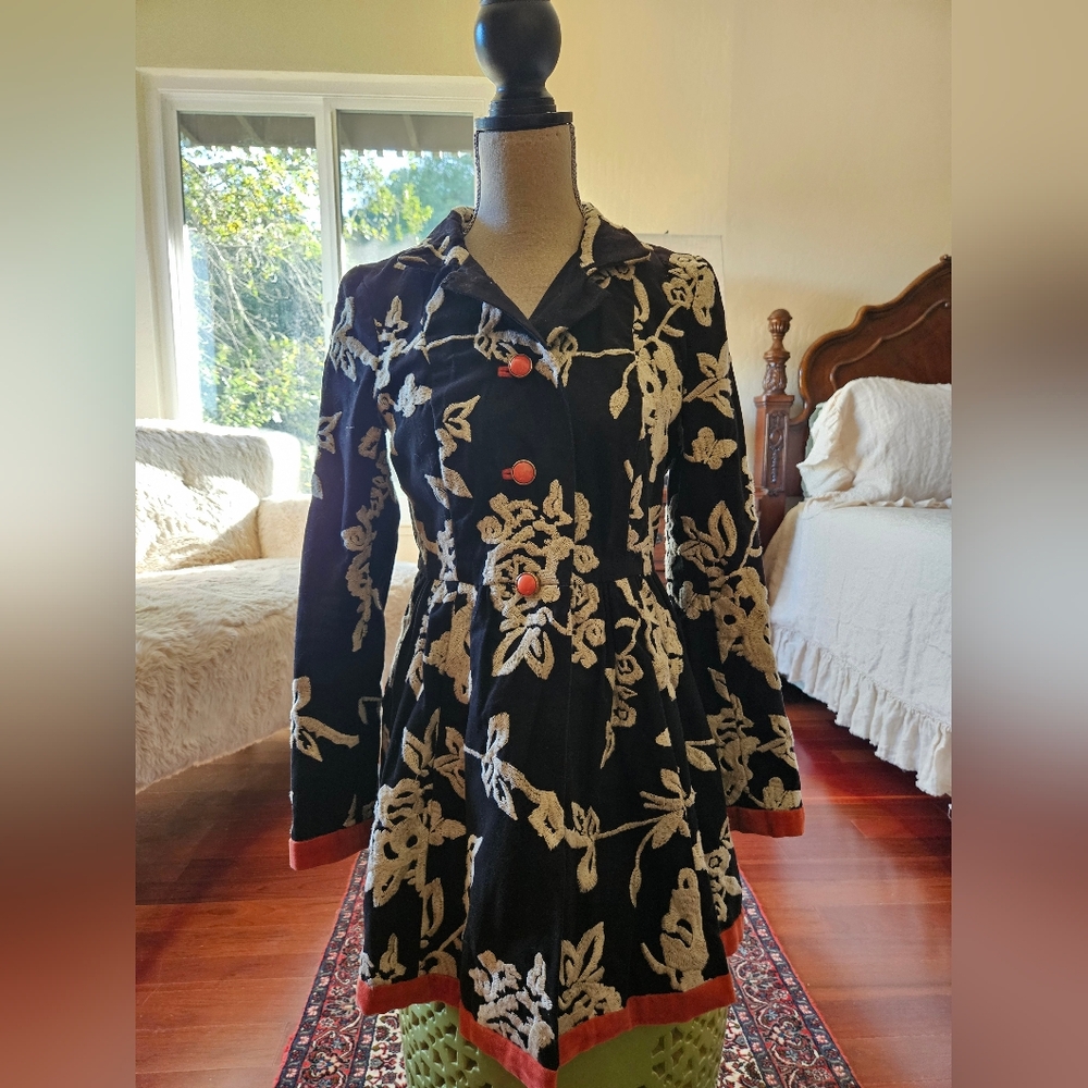Black Jacket with Peplum, Cream Embroidery and Orange Buttons and Velvet Trim